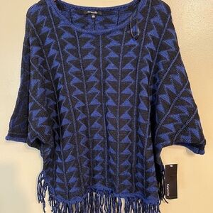 Relativity Womens Knit Blue Fringe 3/4 Kimono Sleeves Top Sweater L NWT